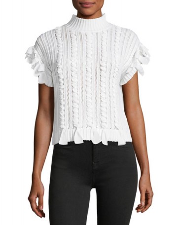 Club Monaco Zaroine Mock-Neck Merino Woven Sweater | white high neck ribbon trimmed jumpers | feminine knitwear