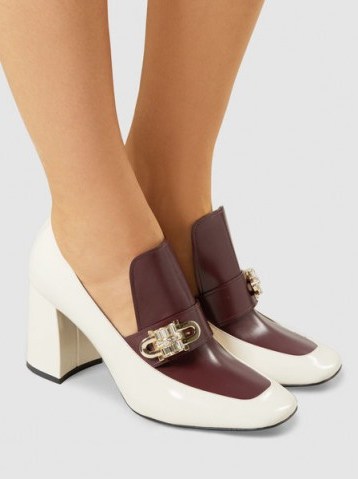 COLIAC‎ Two-Tone Loafer Heels ~ burgundy and white leather vintage style shoes - flipped