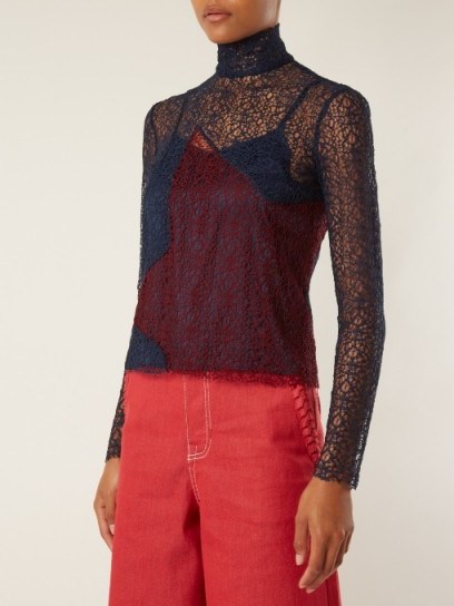 HOUSE OF HOLLAND Contrast-panel high-neck lace top ~ semi sheer burgundy and navy tops - flipped