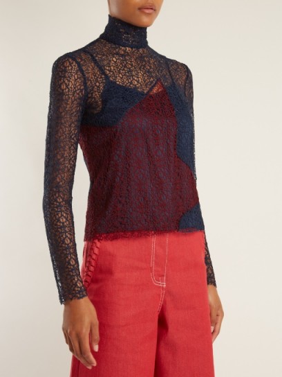 HOUSE OF HOLLAND Contrast-panel high-neck lace top ~ semi sheer burgundy and navy tops