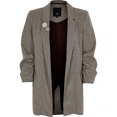 River Island Cream heritage check ruched sleeve blazer - flipped