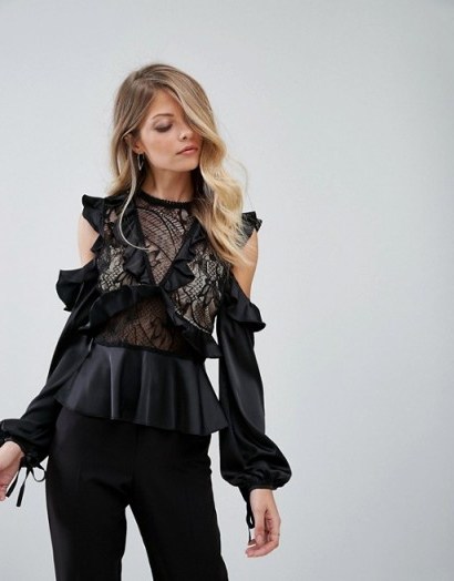 Dark Pink Exaggerated Ruffle High Neck Blouse ~ black lace cut out blouses ~ ruffled tops - flipped
