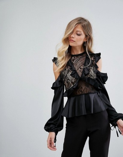 Dark Pink Exaggerated Ruffle High Neck Blouse ~ black lace cut out blouses ~ ruffled tops