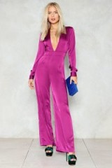 Nasty Gal Deep in My Heart Plunging Jumpsuit ~ purple satin plunge front jumpsuits ~ going out