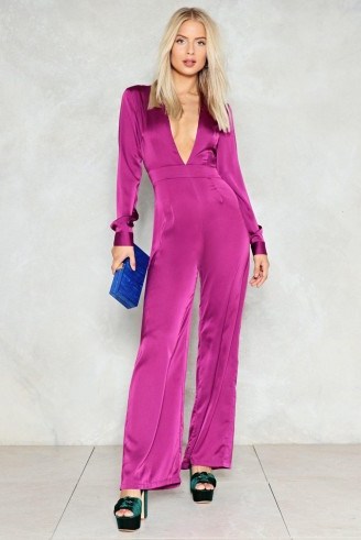 Nasty Gal Deep in My Heart Plunging Jumpsuit ~ purple satin plunge front jumpsuits ~ going out - flipped