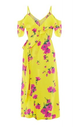 WAREHOUSE DELIA FLOWER FRILL WRAP DRESS / yellow floral cold shoulder dresses - flipped