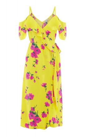 WAREHOUSE DELIA FLOWER FRILL WRAP DRESS / yellow floral cold shoulder dresses