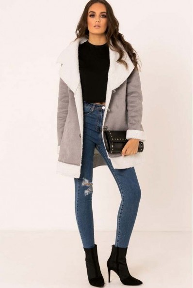 IN THE STYLE DENISE GREY FAUX SUEDE SHEARLING LINED JACKET ~ stylish winter jackets - flipped