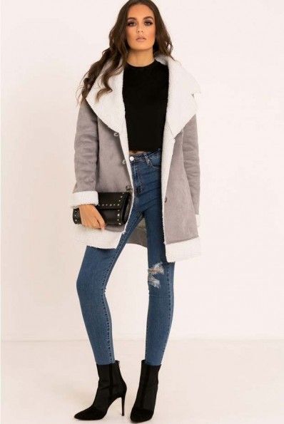 IN THE STYLE DENISE GREY FAUX SUEDE SHEARLING LINED JACKET ~ stylish winter jackets