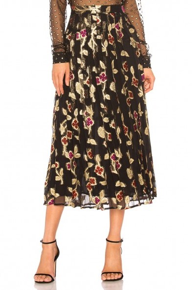 Dodo Bar Or JENN SKIRT – black and gold floral pleated midi skirts - flipped