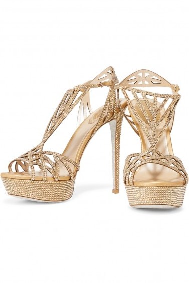 RENÉ CAOVILLA Embellished leather sandals ~ gold strappy crystal platforms - flipped