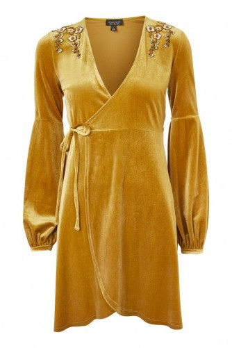 Topshop Embroidered Velvet Wrap Dress | ochre-yellow dresses | affordable luxe - flipped