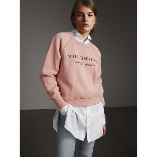 Burberry Embroidered Cotton Blend Jersey Sweatshirt / rose-pink logo sweatshirts - flipped
