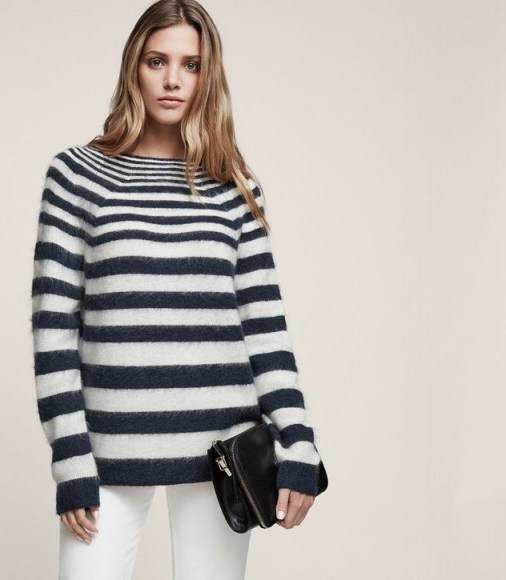 REISS ESHA STRIPED HIGH-NECK KNIT WHITE – fluffy stripe jumpers ~ chic French style knitwear - flipped