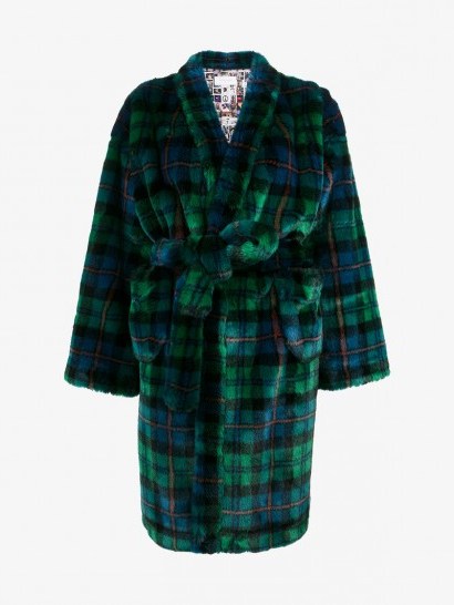 Esteban Cortazar Check Bathrobe Coat With Instagram Print Lining / green tartan faux fur coats - flipped