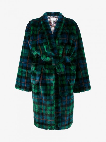 Esteban Cortazar Check Bathrobe Coat With Instagram Print Lining / green tartan faux fur coats