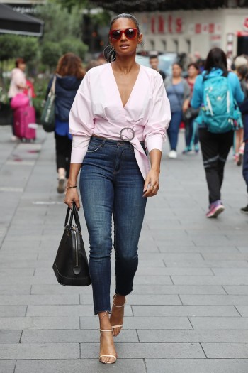 Blush wrap top, high waist skinny cropped jeans with a pair of strappy heels and you have the perfect casual glam look…of course it helps if you’re gorgeous too!