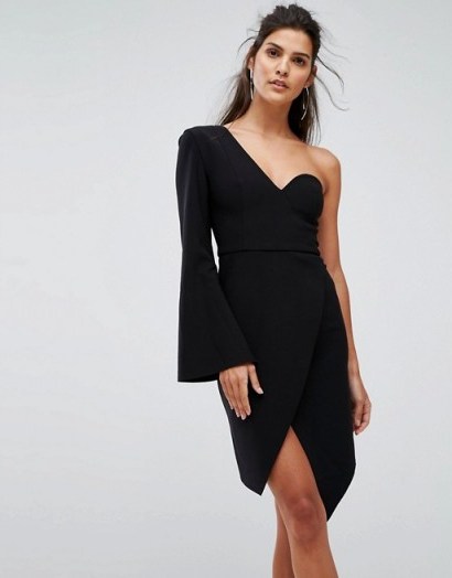 Finders Chances Structured One Sleeve Dress – black one shoulder party dresses – lbd - flipped