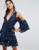 Finders Patience Star Print Ruffle Wrap Dress – navy blue cold shoulder dresses – party fashion