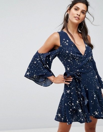 Finders Patience Star Print Ruffle Wrap Dress – navy blue cold shoulder dresses – party fashion - flipped