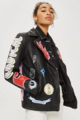 TOPSHOP Fine Painted Biker Jacket / black leather slogan/graphic jackets