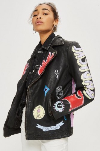 TOPSHOP Fine Painted Biker Jacket / black leather slogan/graphic jackets - flipped