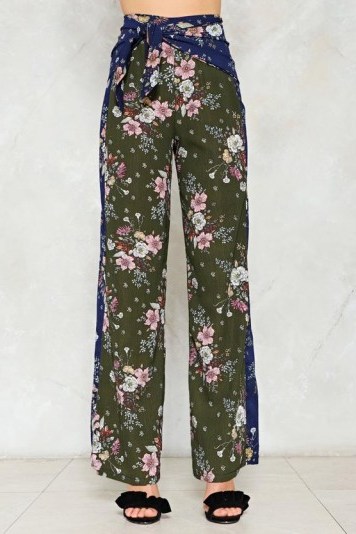 Nasty Gal First Day of Spring Floral Pants | dark green tie waist trousers - flipped
