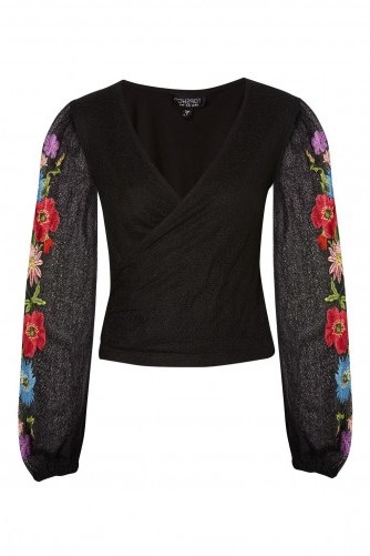 Topshop Floral Embroidered Long Sleeve Crop Top | sheer sleeved tops - flipped