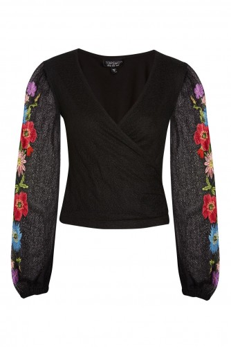 Topshop Floral Embroidered Long Sleeve Crop Top | sheer sleeved tops