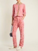 JUPE BY JACKIE Floral-embroidered slim-leg silk-velvet trousers | pink high waist pants