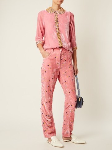 JUPE BY JACKIE Floral-embroidered slim-leg silk-velvet trousers | pink high waist pants - flipped