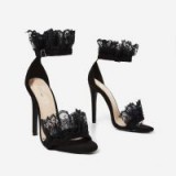 EGO Florence Lace Frill Detail Heel In Black Faux Suede ~ frilly heels ~ high heeled going out sandals