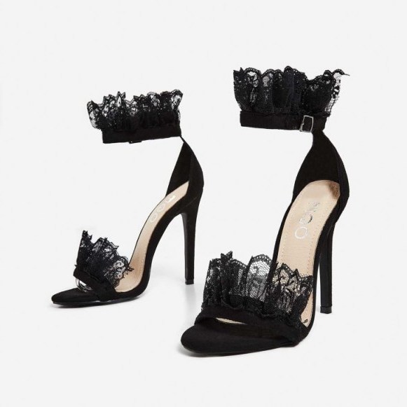 EGO Florence Lace Frill Detail Heel In Black Faux Suede ~ frilly heels ~ high heeled going out sandals - flipped