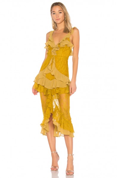 For Love & Lemons DAPHNE LACE MIDI DRESS – sheer chartreuse ruffle dresses