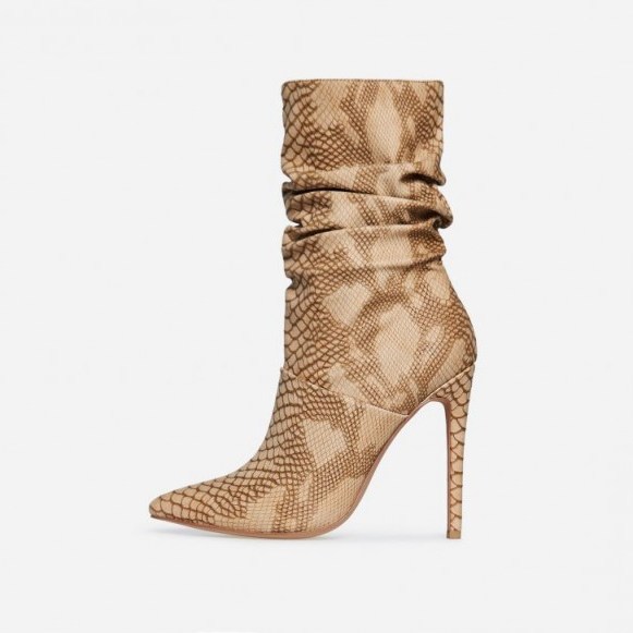 EGO Fraya Ruched Ankle Boot In Nude Snake Faux Leather ~ stiletto heel boots - flipped