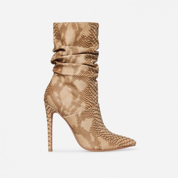 EGO Fraya Ruched Ankle Boot In Nude Snake Faux Leather ~ stiletto heel boots