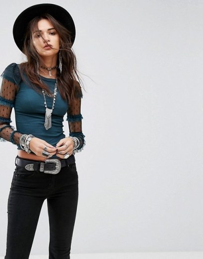 Free People Kiss Kiss Ruffle Jersey Top ~ blue semi sheer lace sleeved tops - flipped