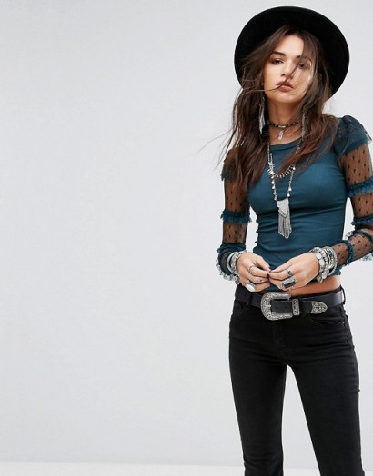 Free People Kiss Kiss Ruffle Jersey Top ~ blue semi sheer lace sleeved tops