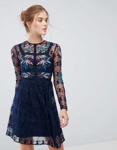 Frock And Frill Floral Embroidered Skater Mini Dress With Lace Trim / blue floral dresses - flipped
