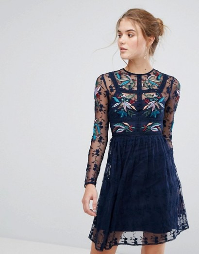 Frock And Frill Floral Embroidered Skater Mini Dress With Lace Trim / blue floral dresses