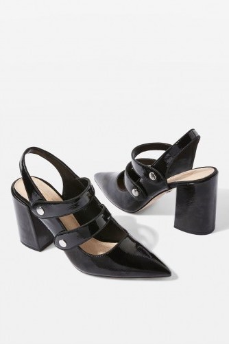 TOPSHOP GABRIELLA Black Cross Strap Slingback Heel Shoes – black patent Mary Jane slingbacks – pointy toe, double strap Mary Janes - flipped