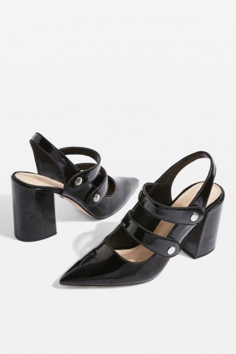 TOPSHOP GABRIELLA Black Cross Strap Slingback Heel Shoes – black patent Mary Jane slingbacks – pointy toe, double strap Mary Janes