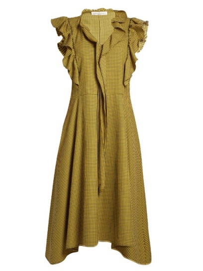 GOLDEN GOOSE DELUXE BRAND Gina ruffle-trimmed checked midi dress / yellow and black check print dresses