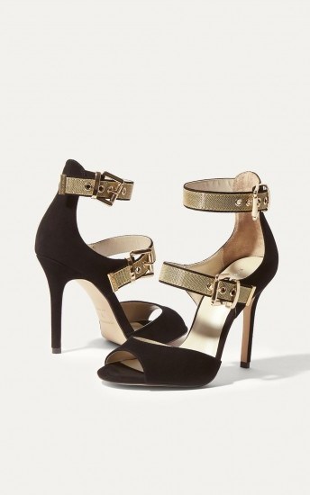 KAREN MILLEN GOLD BUCKLE SUEDE SANDAL – BLACK / glamorous heels - flipped