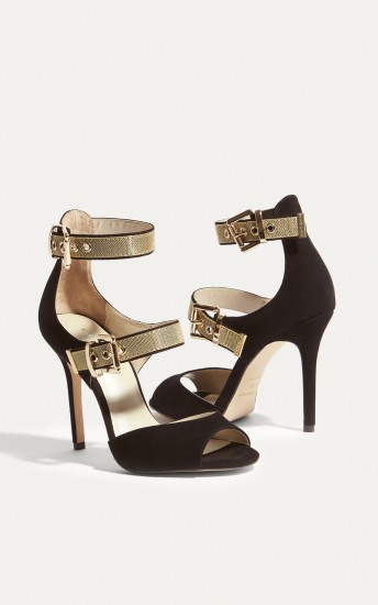KAREN MILLEN GOLD BUCKLE SUEDE SANDAL – BLACK / glamorous heels