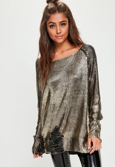 missguided gold distressed foiled jumper / shiny metallic jumpers - flipped