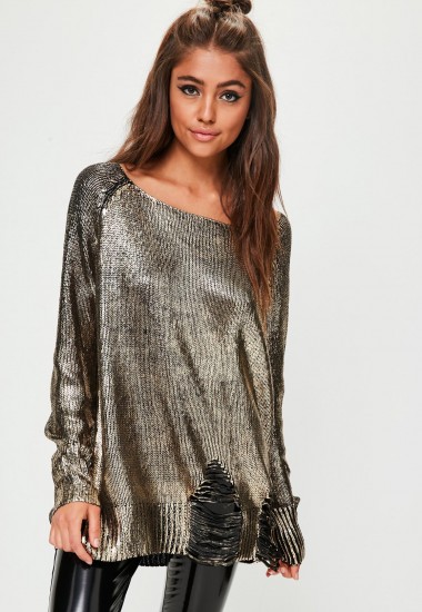 missguided gold distressed foiled jumper / shiny metallic jumpers