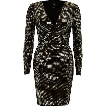 River Island Gold metallic mirror dot sequin bodycon dress ~ shimmering party dresses - flipped