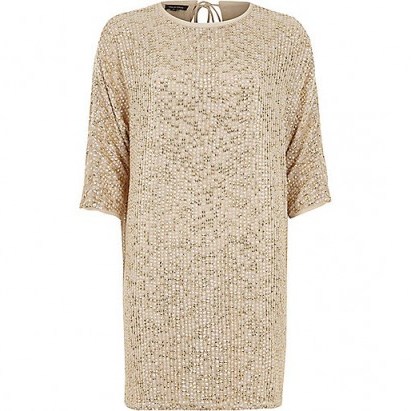 River Island Gold sequin embellished T-shirt shift dress ~ sequinned party dresses - flipped