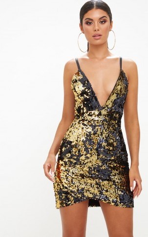 pretty little thing GOLD WRAP FRONT SEQUIN BODYCON DRESS / shiny sequined dresses - flipped